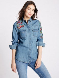 M&S Collection- New Pure Cotton Embroidered Denim Shirt